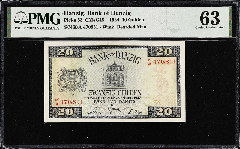 DANZIG. Bank von Danzig. 10 Gulden, 1924. P-53. PMG Choice Uncirculated 63.
Wat...