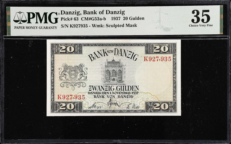 DANZIG. Bank von Danzig. 20 Gulden, 1937. P-63. PMG Choice Very Fine 35.
Waterm...