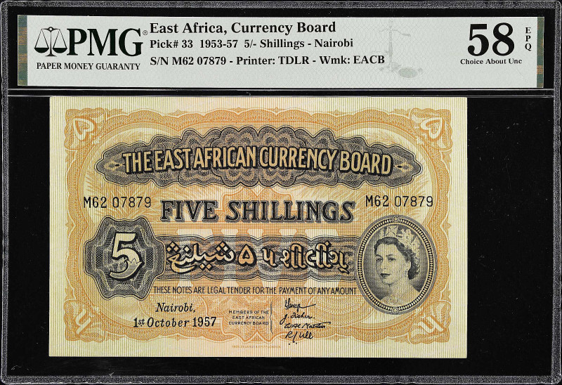 EAST AFRICA. East African Currency Board. 5 Shillings, 1957. P-33. PMG Choice Ab...