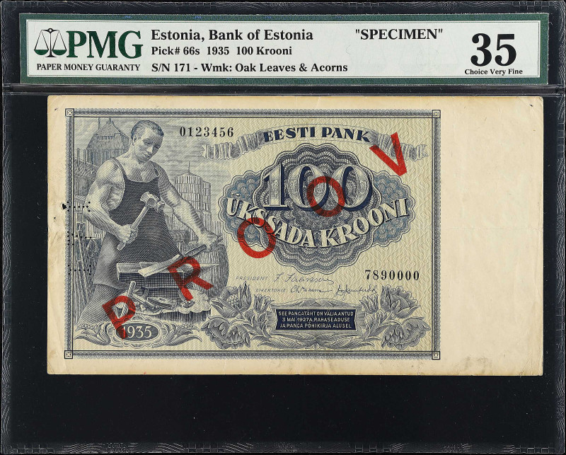 ESTONIA. Eesti Bank. 100 Krooni, 1935. P-66s. Specimen. PMG Choice Very Fine 35....