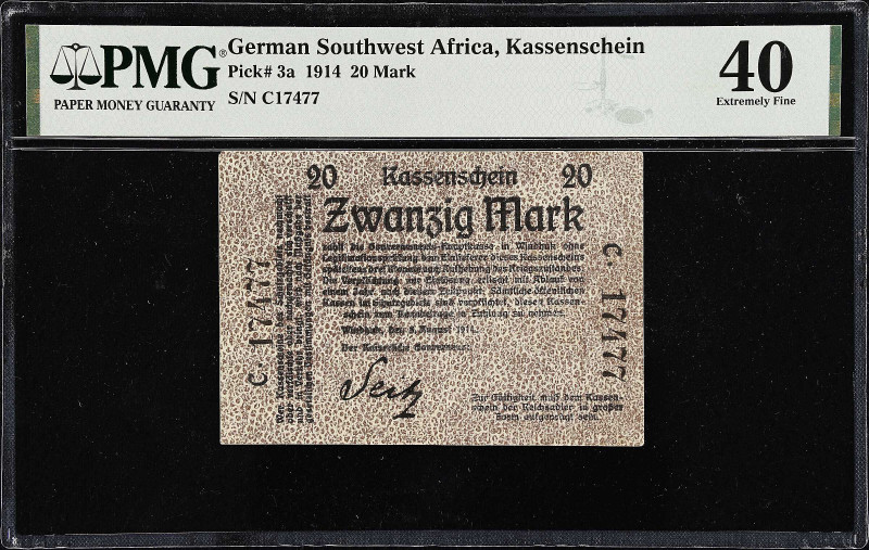 GERMAN SOUTHWEST AFRICA. Kassenschein. 20 Mark, 1914. P-3a. PMG Extremely Fine 4...