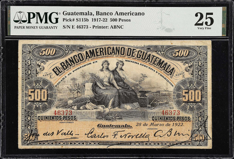 GUATEMALA. Banco Americano. 500 Pesos, 1922. P-S115b. PMG Very Fine 25.
Printed...