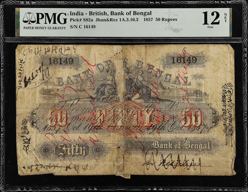 INDIA. Bank of Bengal. 50 Rupees, 1857. P-S92a. PMG Fine 12 Net. Cancelled, Seve...