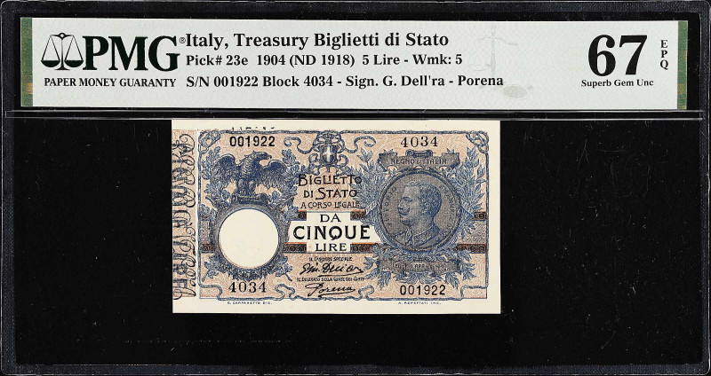 ITALY. Regno d'Italia. 5 Lire, 1904 (ND 1918). P-23e. PMG Superb Gem Uncirculate...