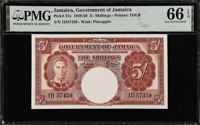 JAMAICA. Government of Jamaica. 5 Shillings, 1950. P-37a. PMG Gem Uncirculated 6...