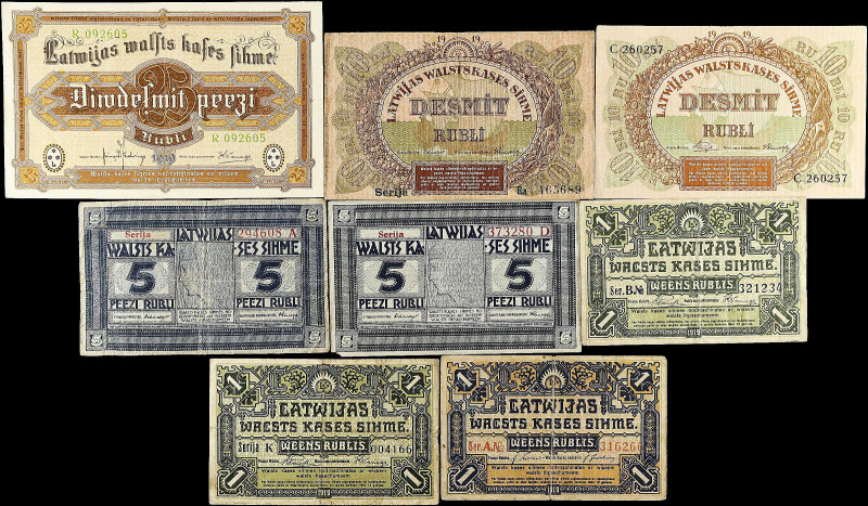 LATVIA. Lot of (8). Latwijas Walsts Kases. 1, 5, 10 & 25 Rubli, 1919. P-Various....