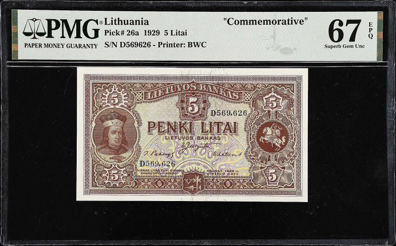 LITHUANIA. Lietuvos Bankas. 5 Litai, 1929. P-26a. Commemorative. PMG Superb Gem ...