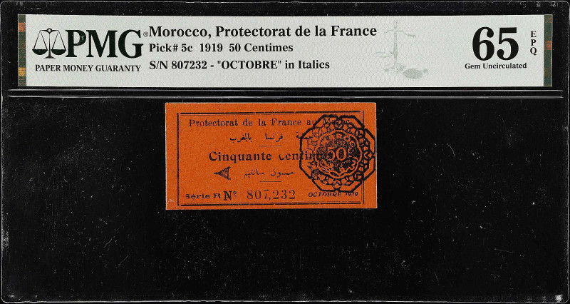 MOROCCO. Protectorat de La France. 50 Centimes, 1919. P-5c. PMG Gem Uncirculated...