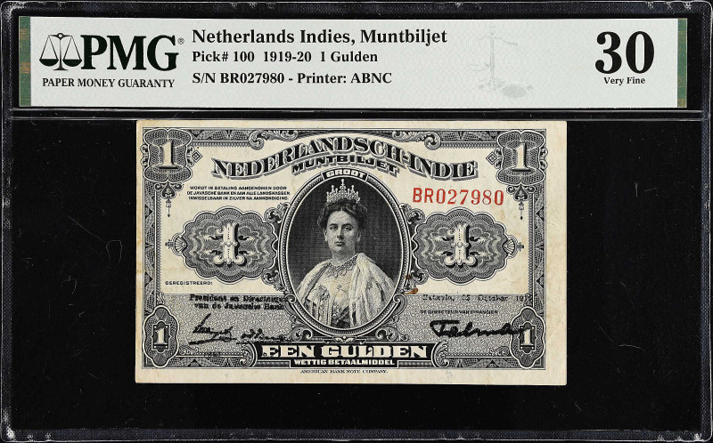 NETHERLANDS INDIES. Muntbiljet. 1 Gulden, 1919. P-100. PMG Very Fine 30.
Printe...