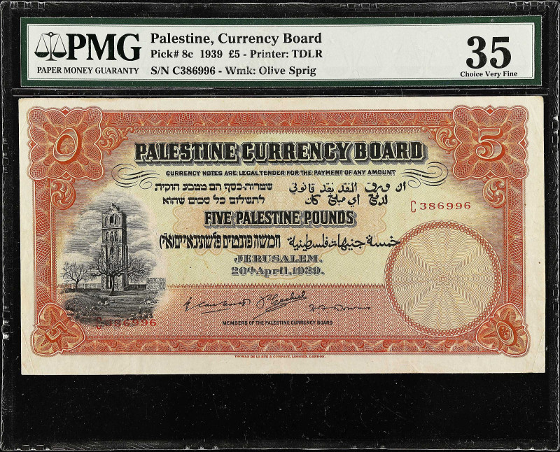 PALESTINE. Palestine Currency Board. 5 Pounds, 1939. P-8c. PMG Choice Very Fine ...