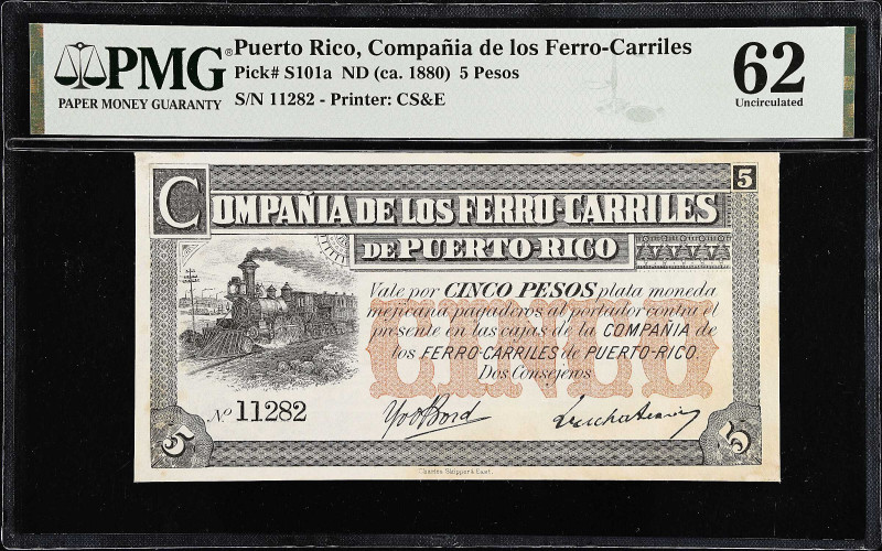 PUERTO RICO. Compania de los Ferro-Carriles de Puerto Rico. 5 Pesos, ND (ca. 188...