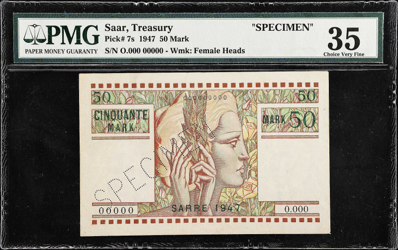 SAAR. Treasury. 50 Mark, 1947. P-7s. Specimen. PMG Choice Very Fine 35.
50 Mark...