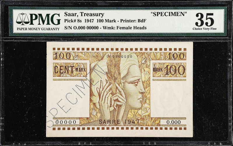 SAAR. Treasury. 100 Mark, 1947. P-8s. Specimen. PMG Choice Very Fine 35.
100 Ma...