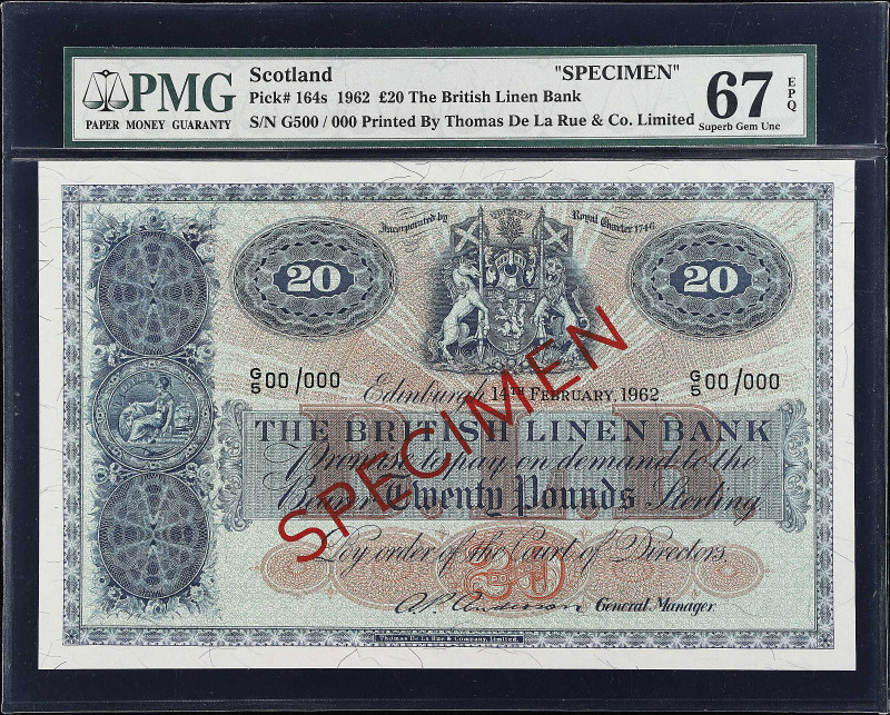 SCOTLAND. British Linen Bank. 20 Pounds, 1962. P-164s. Specimen. PMG Superb Gem ...