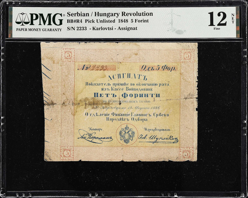 SERBIA. Hungary Revolution. 5 Forint, 1848. P-Unlisted. PMG Fine 12 Net. Tape Re...