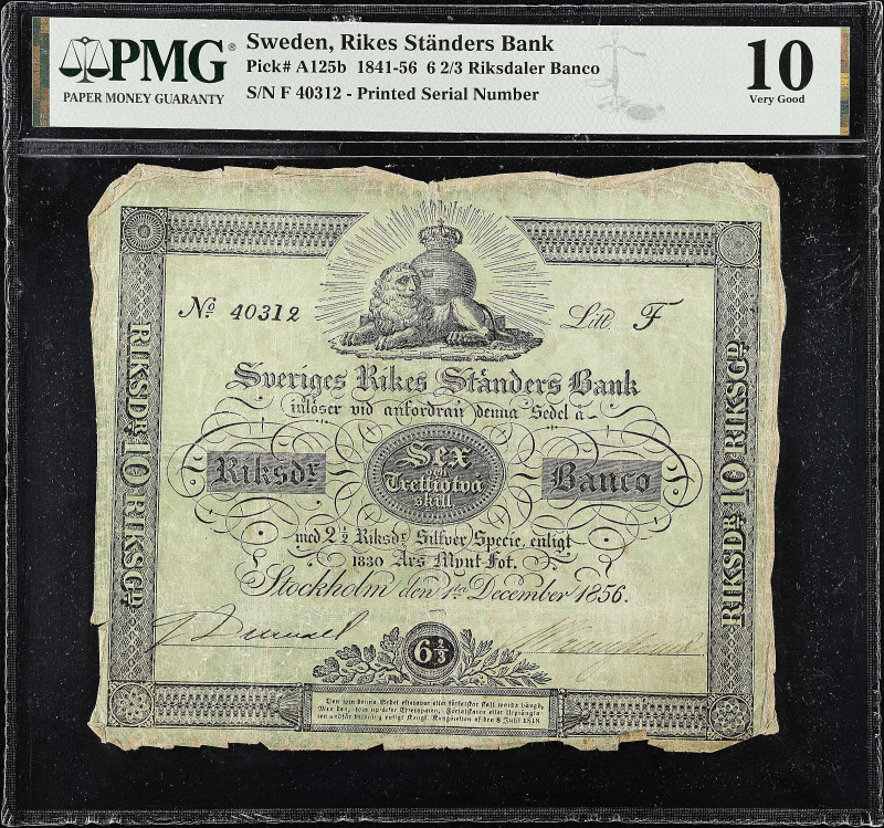 SWEDEN. Sveriges Rikes Standers Bank. 6 2/3 Riksdaler Banco, 1856. P-A125b. PMG ...