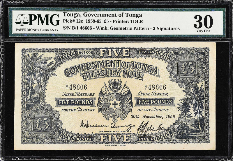 TONGA. Government of Tonga. 5 Pounds, 1959. P-12c. PMG Very Fine 30.
5 pounds, ...