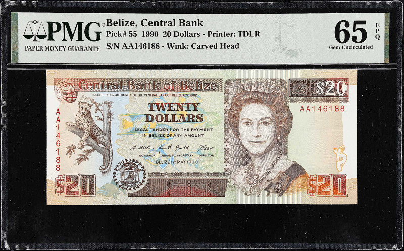 BELIZE. Central Bank. 20 Dollars, 1990. P-55. PMG Gem Uncirculated 65 EPQ.
Ex. ...