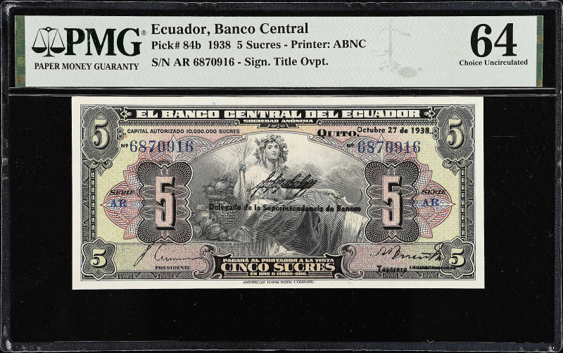 ECUADOR. Banco Central del Ecuador. 5 Sucres, 1938. P-84b. PMG Choice Uncirculat...