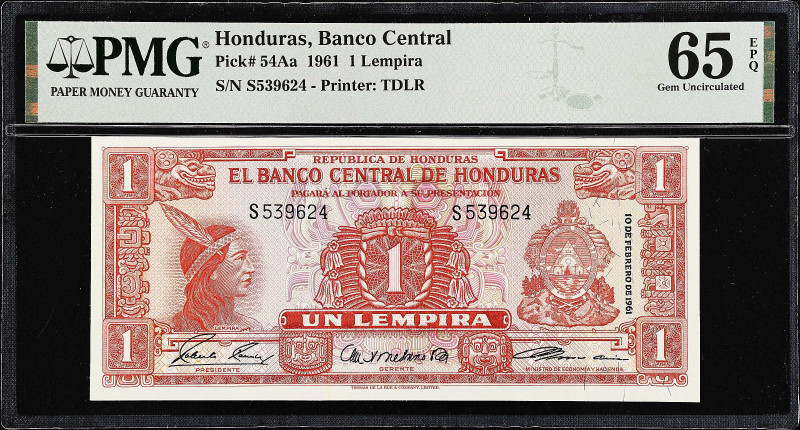 HONDURAS. El Banco Central de Honduras. 1 Lempira, 1961. P-54Aa. PMG Gem Uncircu...