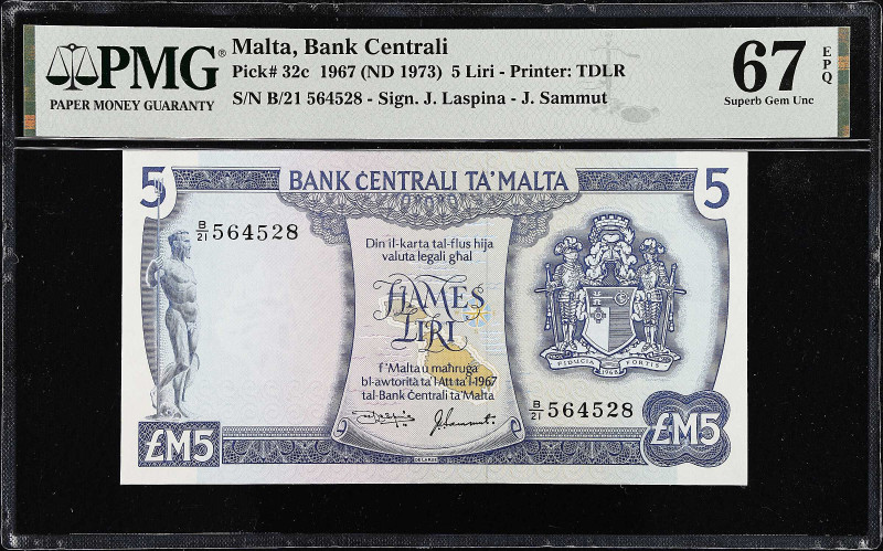 MALTA. Bank Centrali ta'Malta. 5 Liri, 1967. P-32c. PMG Superb Gem Uncirculated ...