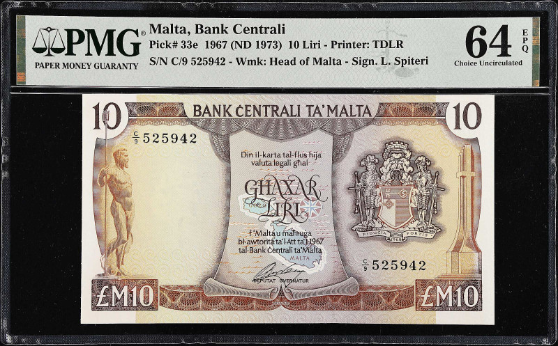 MALTA. Bank Centrali ta'Malta. 10 Liri, 1967. P-33e. PMG Choice Uncirculated 64 ...