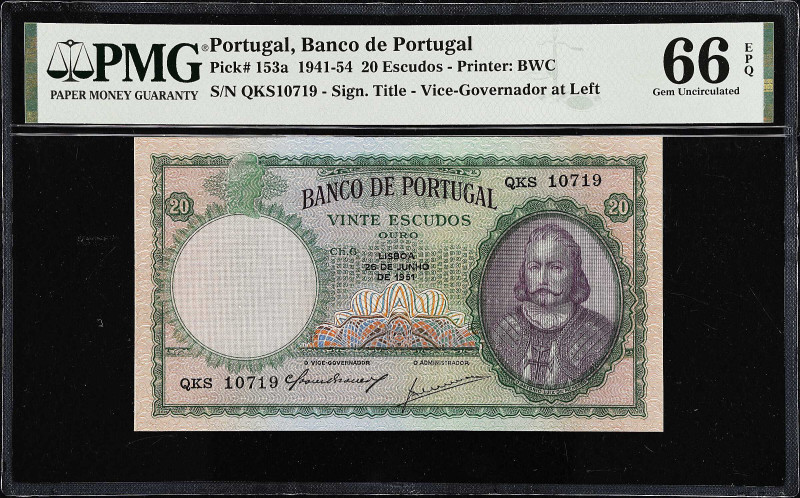 PORTUGAL. Banco de Portugal. 20 Escudos, 1951. P-153a. PMG Gem Uncirculated 66 E...