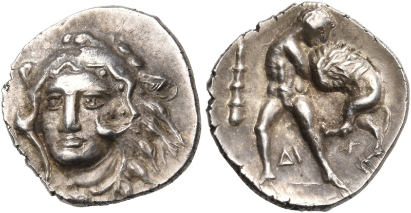 CALABRIA. Tarentum. Circa 325-280 BC. Diobol (Silver, 12 mm, 0.95 g, 6 h). Head ...