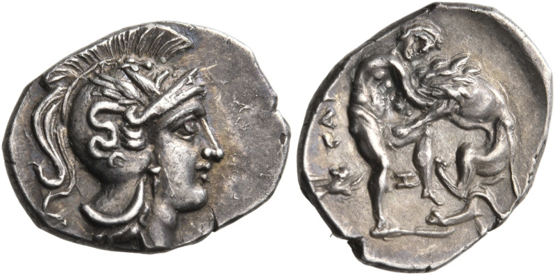 CALABRIA. Tarentum. Circa 325-280 BC. Diobol (Silver, 13 mm, 1.06 g, 2 h). Head ...