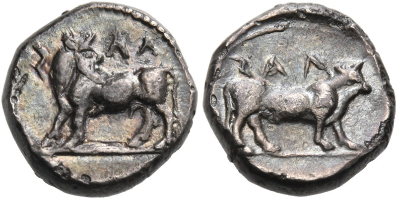 BRUTTIUM. Laos. Circa 490/480-470 BC. Triobol (Silver, 10 mm, 1.17 g, 5 h). ΛΑϞ ...