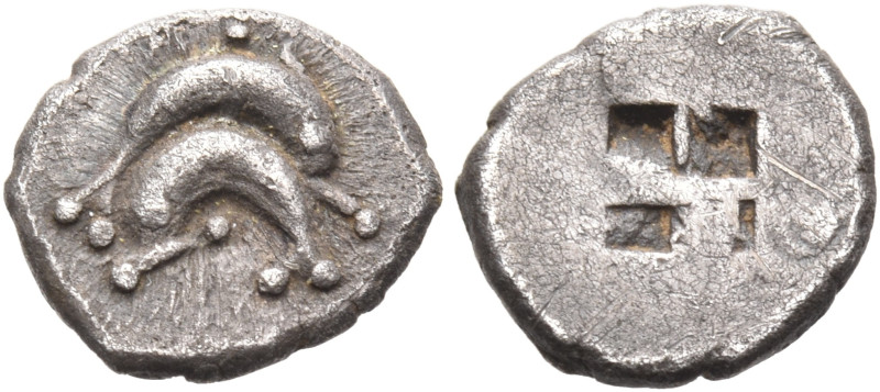 ISLANDS OFF THRACE, Thasos. Circa 480-463 BC. Obol (Silver, 9 mm, 0.58 g). Two d...