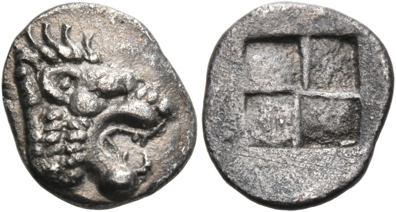 MACEDON. Skione. Circa 510-470 BC. Diobol (Silver, 12 mm, 0.95 g). Head of a lio...