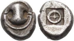 BOEOTIA, Federal Coinage. Thebes. Circa 475-450 BC. Obol (Silver, 8.5 mm, 0.98 g). Boeotian shield. Rev. Wheel of four spokes; NOT a theta within an i...