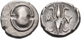 BOEOTIA. Mykalessos. Circa 400-375 BC. Obol (Silver, 10.5 mm, 0.87 g). Boeotian shield. Rev. M - Y Thunderbolt; all within an oval incuse. BCD Boeotia...