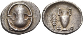 BOEOTIA. Pharai. 4th century BC. Obol (Silver, 11 mm, 0.97 g). Boeotian shield. Rev. Φ - Α Amphora with tall handles; in the field to left, vertical w...