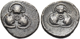 BOEOTIA. Thebes. Circa 425-395 BC. Trihemiobol (Silver, 10.5 mm, 0.62 g). ⨀ at the center of three Boeotian half shields. Rev. ⨀ at the center of thre...