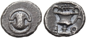 BOEOTIA. Thebes. Circa 425-395 BC. Tetartemorion (Silver, 7 mm, 0.17 g). Boeotian shield. Rev. ⨀-Ε ( retrograde ) Kantharos; between the handles, club...