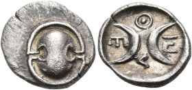 BOEOTIA. Thespiai. early-mid 4th century BC. Obol (Silver, 10.5 mm, 0.91 g). Boeotian shield. Rev. Θ-Ε-Ϟ-ΠΙ Two vertical crescents back to back; all w...