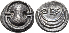 BOEOTIA. Thespiai. early-mid 4th century BC. Obol (Silver, 9 mm, 0.88 g). Boeotian shield. Rev. ΘΕϞ Crescent with points upwards. BCD Boiotia 598 ff. ...