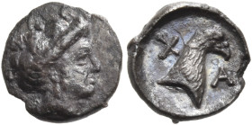 EUBOIA. Chalkis. Circa 338-308 BC. Hemiobol (Silver, 7 mm, 0.29 g, 1 h). Head of the nymph Chalkis to right, wearing her hair in a roll, a pendant ear...
