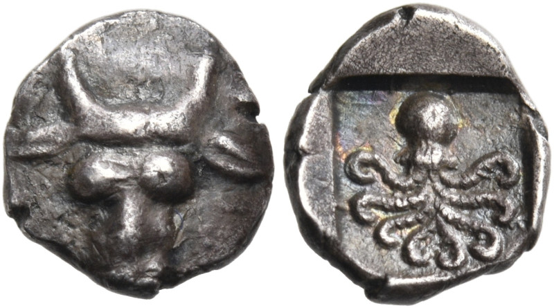 EUBOIA. Eretria. Circa 500-465 BC. Obol (Silver, 9 mm, 0.52 g, 6 h), struck on a...