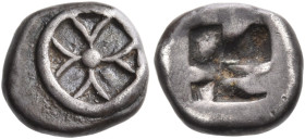 ATTICA. Athens. Circa 545-525/15 BC. Obol (Silver, 8.5 mm, 0.77 g), from the so-called Wappenmünzen series. Wheel with central boss, four spokes and s...
