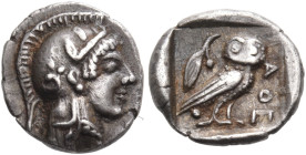 ATTICA. Athens. Circa 460-455 BC. Obol (Silver, 9 mm, 0.73 g, 9 h). Helmeted head of Athena to right, with three olive leaves over the visor and tendr...
