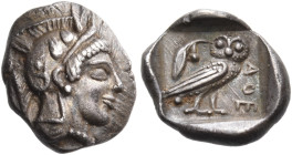 ATTICA. Athens. Circa 455-449 BC. Obol (Silver, 9 mm, 0.72 g, 9 h). Helmeted head of Athena to right, with three olive leaves over the visor and tendr...