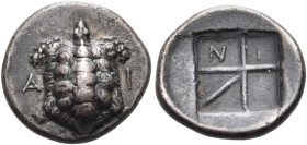 ISLANDS OFF ATTICA, Aegina. Circa 350-338 BC. Obol (Silver, 10.5 mm, 0.96 g). A-I Tortoise with segmented shell. Rev. Incuse square with thin skew dev...