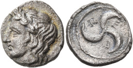 MEGARIS. Megara. Circa 375-338 BC. Trihemiobol (Silver, 12 mm, 1.50 g, 9 h). Laureate head of Apollo to left, his long hair falling down the back of h...