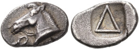 CORINTHIA. Corinth. Circa 490-460. Diobol (Silver, 10.5 mm, 0.67 g). Ϙ Head of bridled horse to left. Rev. Δ within an incuse square. BCD Corinth 37. ...