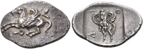 CORINTHIA. Corinth. Circa 450-415 BC. Diobol (Silver, 14 mm, 0.98 g, 6 h). Ϙ Pegasos, with curved wing, flying to left; in field to right, vine branch...
