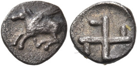 CORINTHIA. Corinth. Circa 400-350 BC. Obol (Silver, 7.5 mm, 0.33 g). Ϙ Pegasos, with straight wing, flying to left. Rev. Counterclockwise swastika wit...