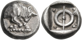 PHLIASIA. Phlious. Circa 430-420 BC. Obol (Silver, 9 mm, 1.00 g). Forepart of a bull to right, with one leg bent and head lowered. Rev. Large Φ, with ...